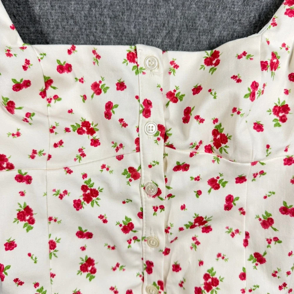 Zara Women Ivory Red Floral Button Front Ruffle Trim Square Neck Top Medium - Picture 2 of 10